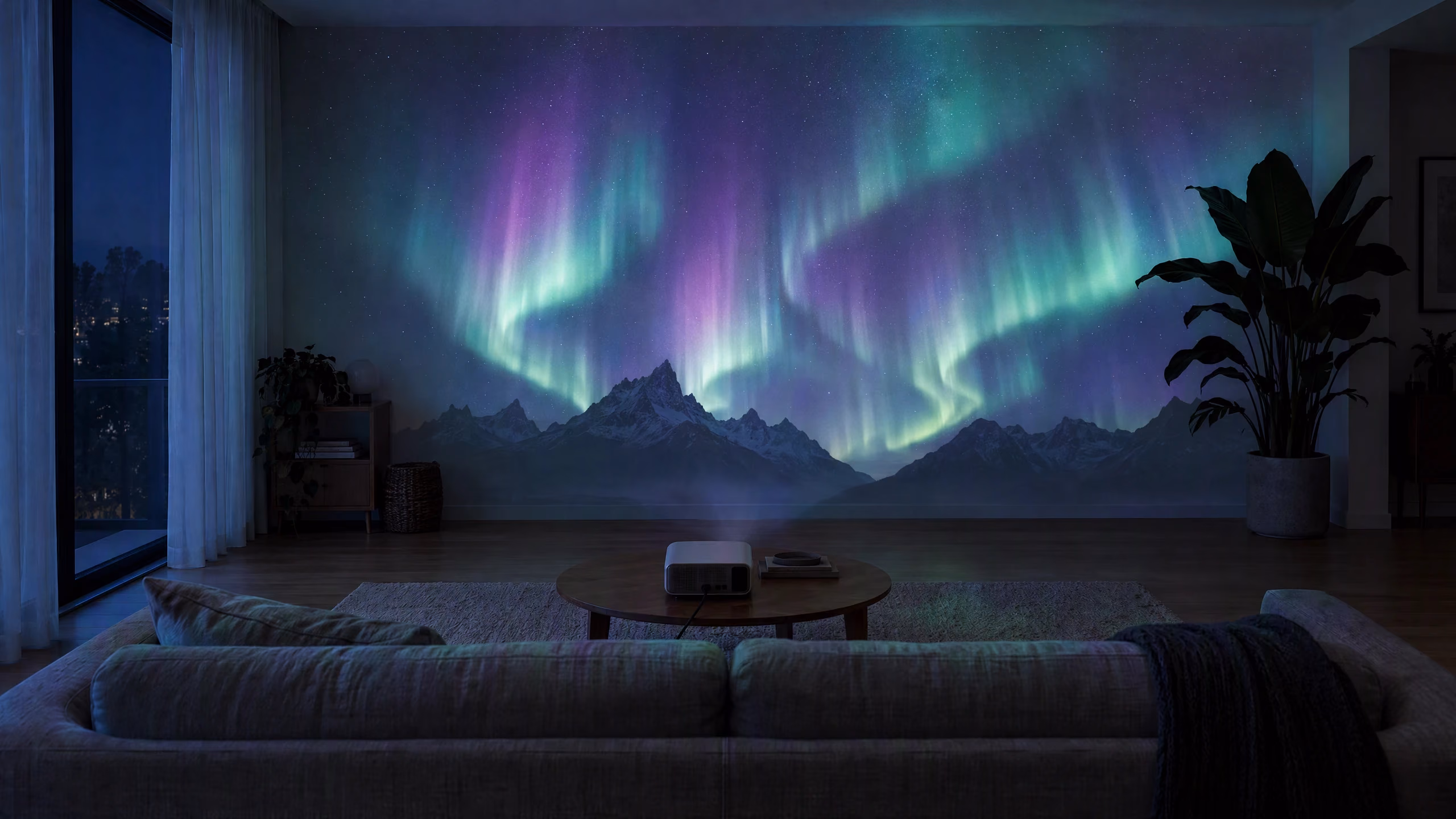 A living-room wall lit with an aurora and mountains by Glowcast