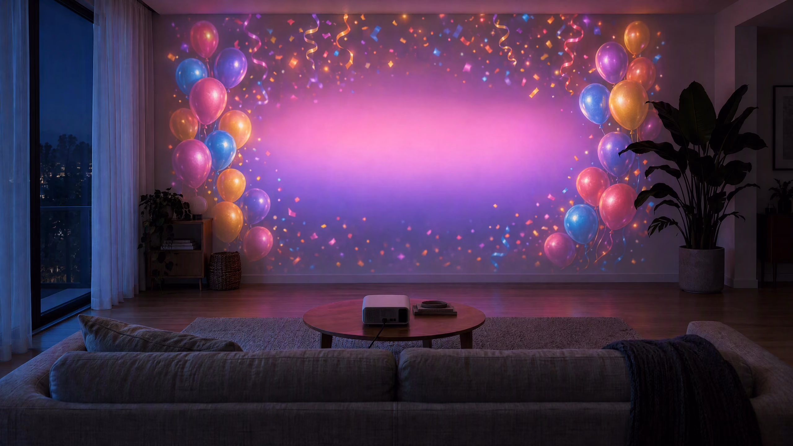 The same wall decorated with projected balloons and confetti for a birthday