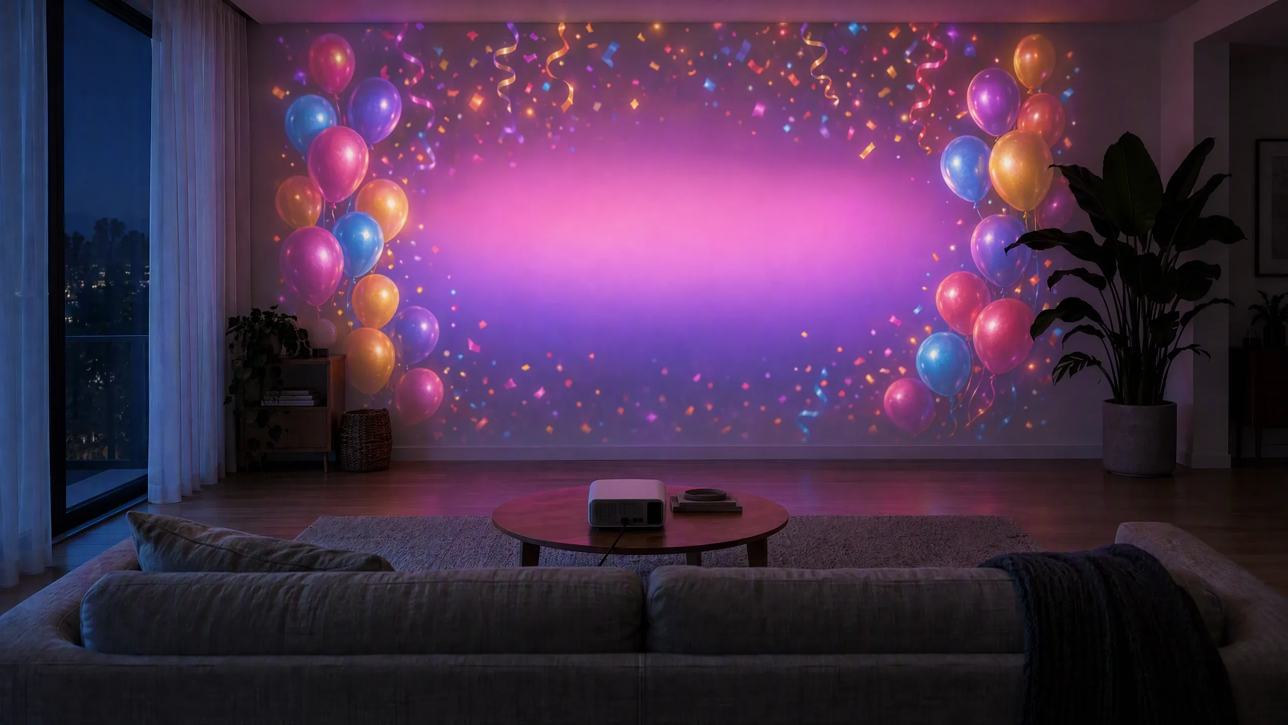 A living-room wall projected with balloons, confetti and a birthday name banner