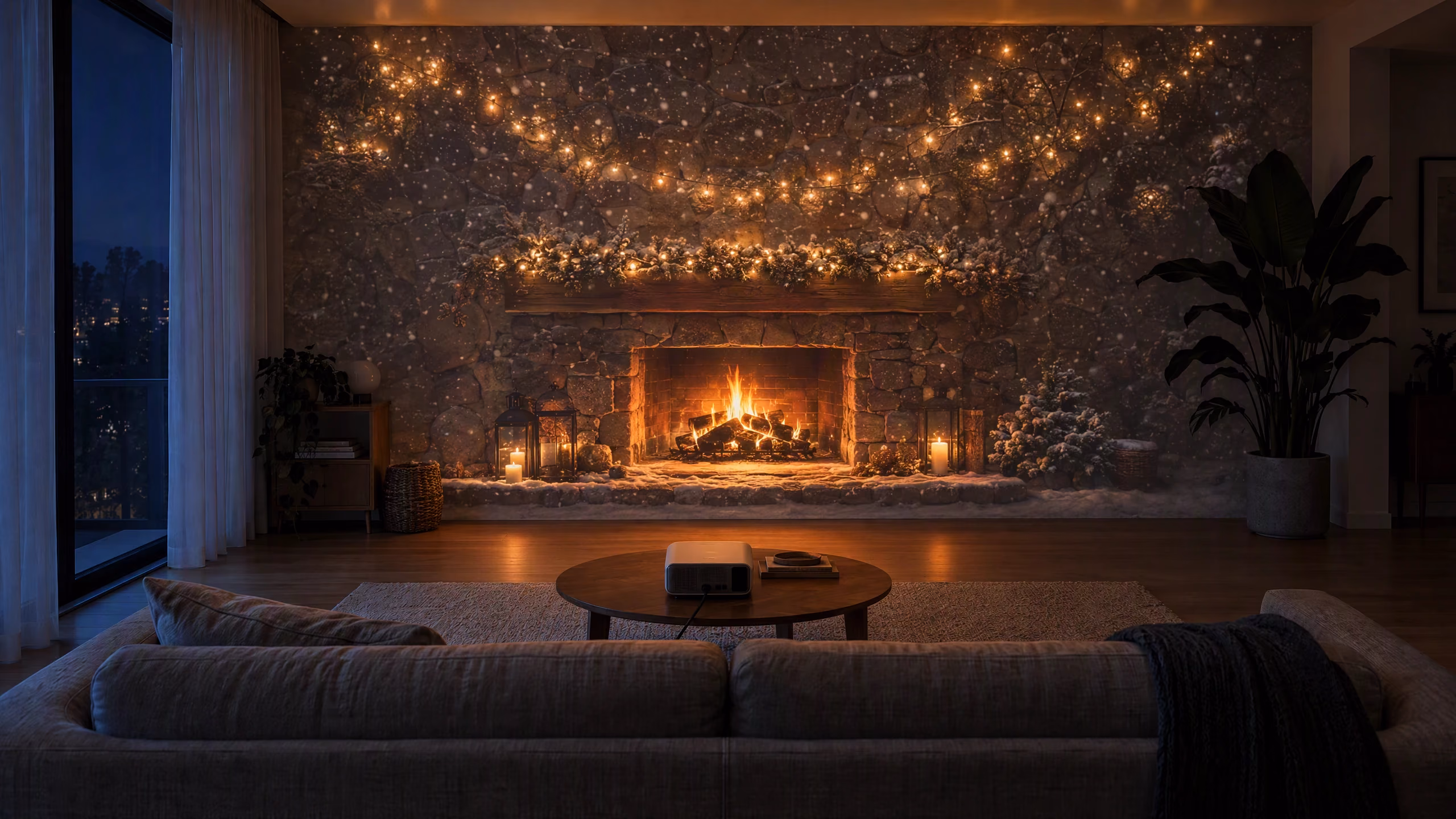 The same wall showing a projected crackling fireplace and falling snow