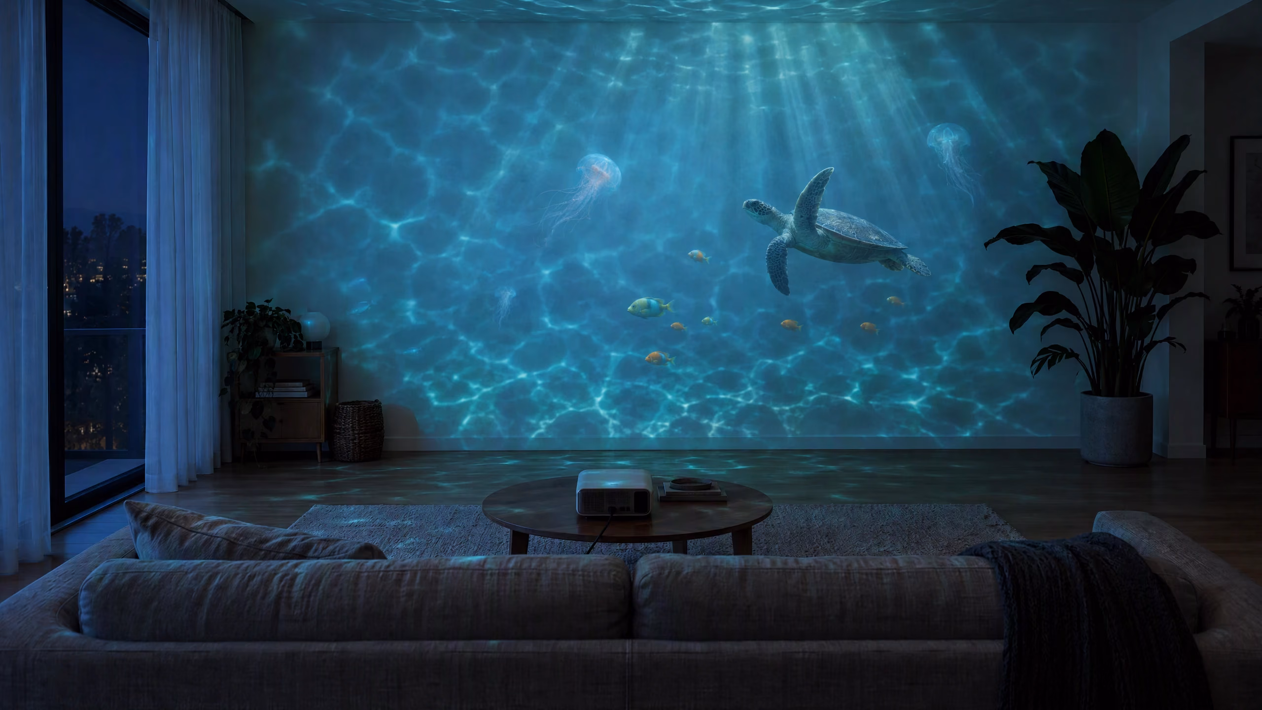 The same living-room wall turned into an underwater ocean scene