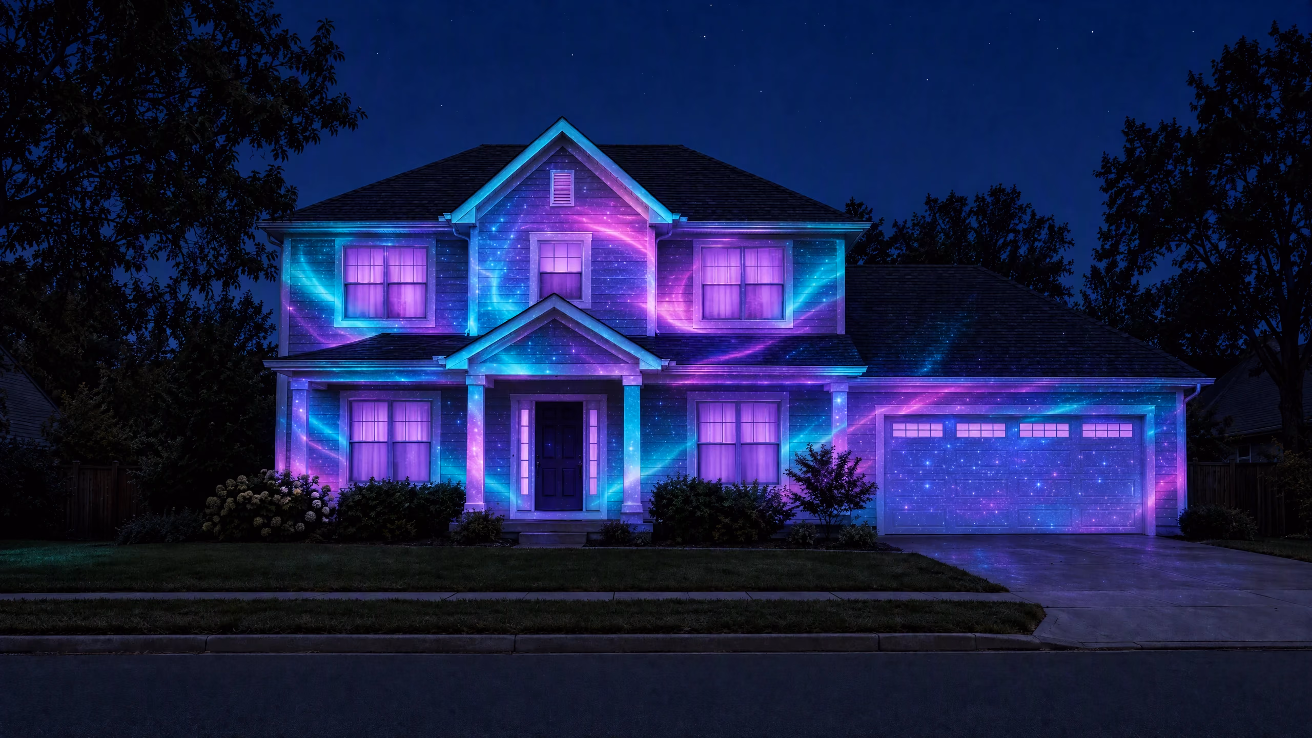 The same house lit with flowing aurora light