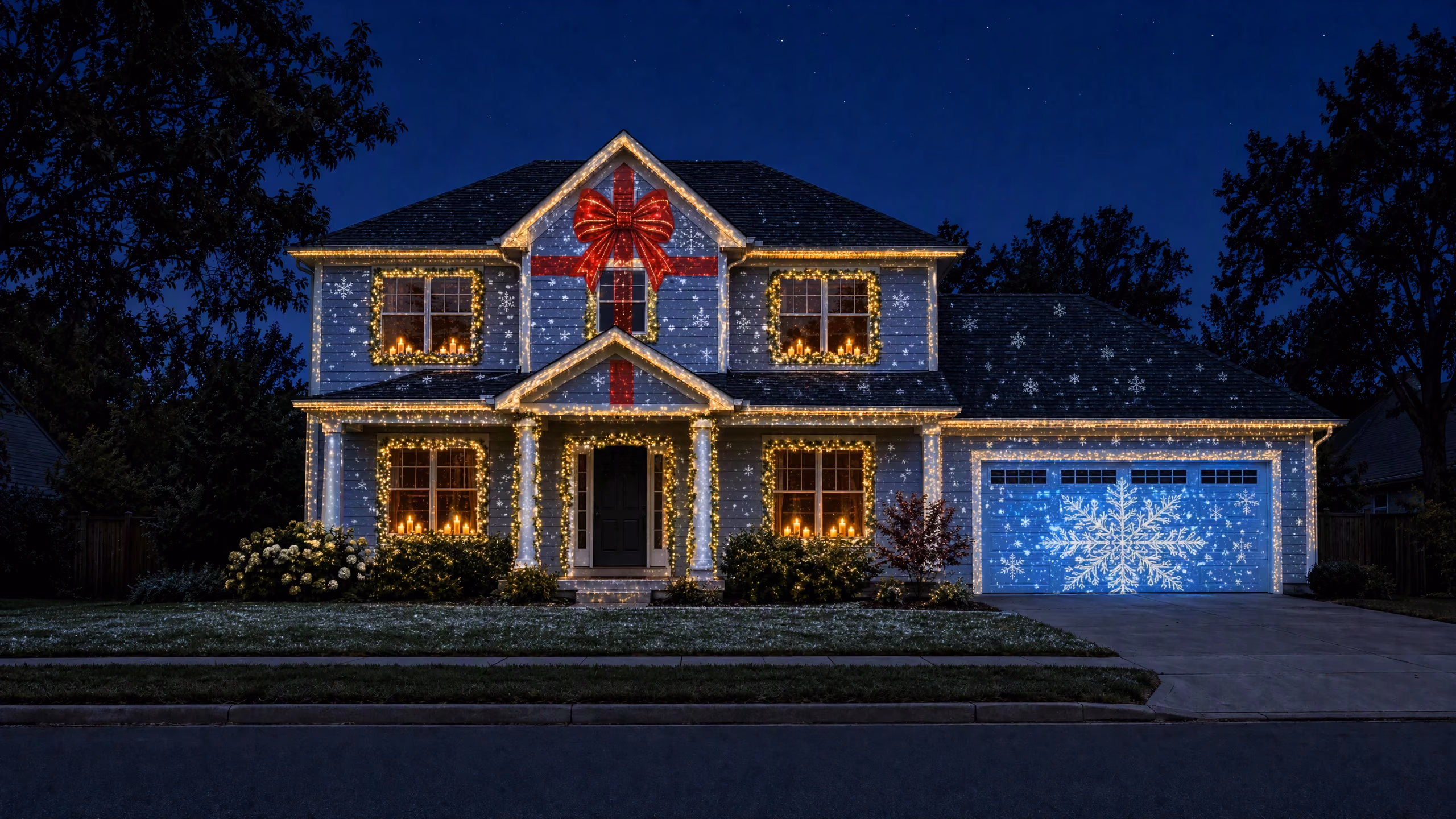 The same house lit with the Winter Wonderland Christmas projection show