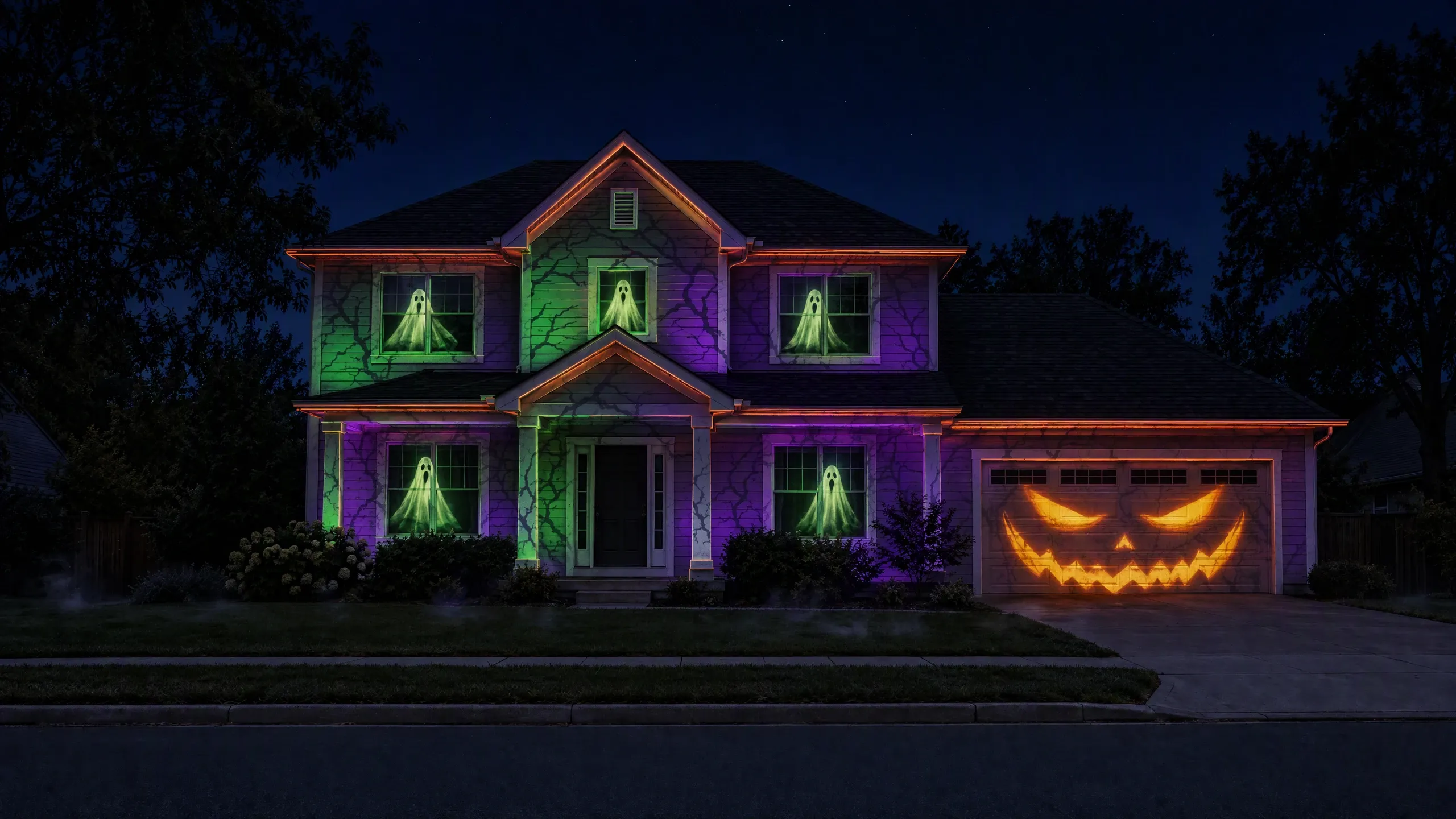 A house front lit with a Halloween projection show