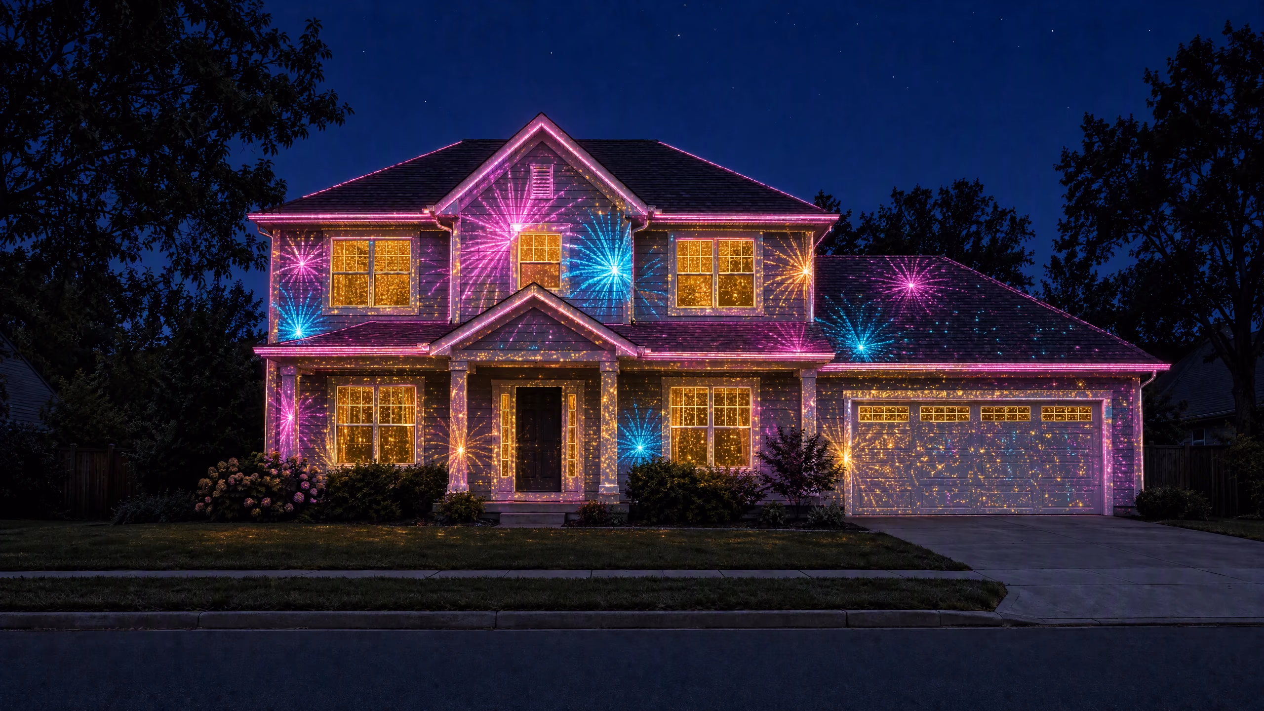 The same house lit with New Year fireworks projected across the front